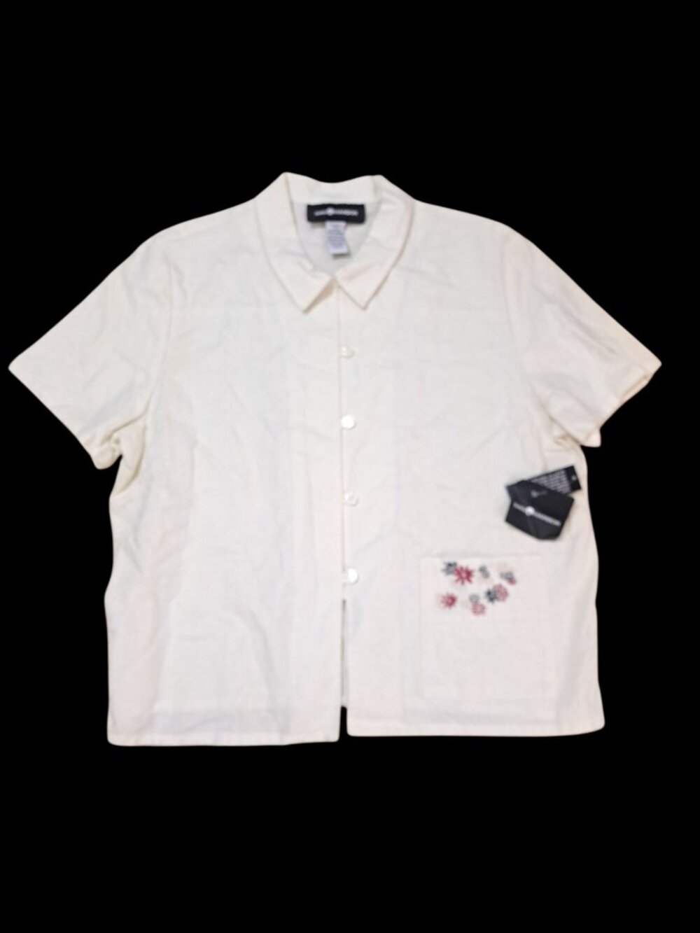 Sag Harbor Women's Short Sleeve Linen Blend Cream Button Down Top Blouse XL